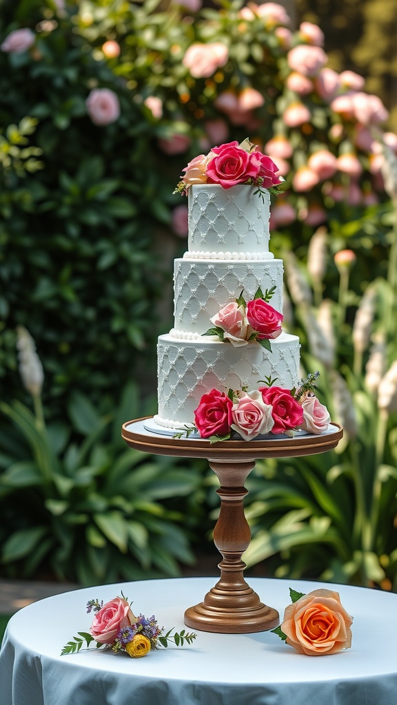 Three-tier wedding cake with pink and orange roses on a wooden stand, surrounded by greenery