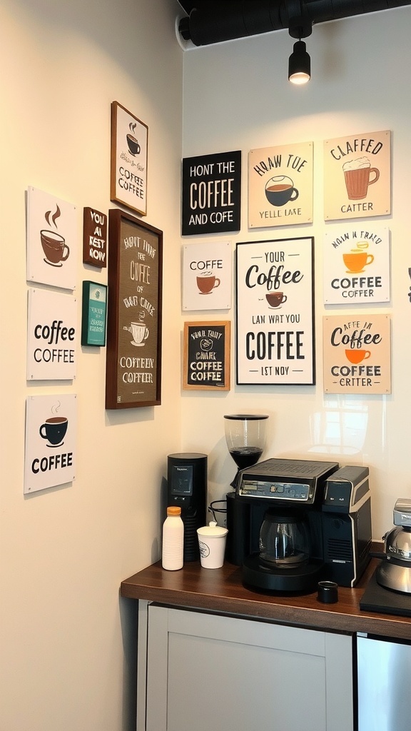 A collection of coffee-themed wall art signs in a cozy coffee bar setting.
