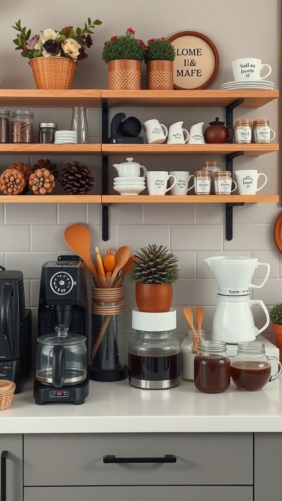 A cozy coffee station with shelves displaying mugs, coffee jars, and decorative plants