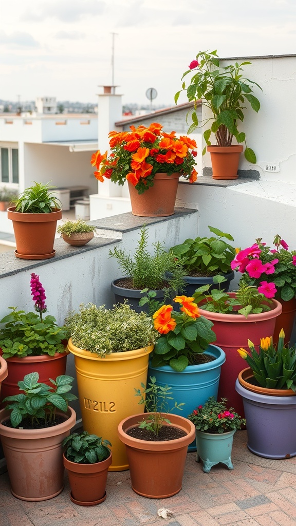 Colorful containers with a variety of plants on a rooftop.