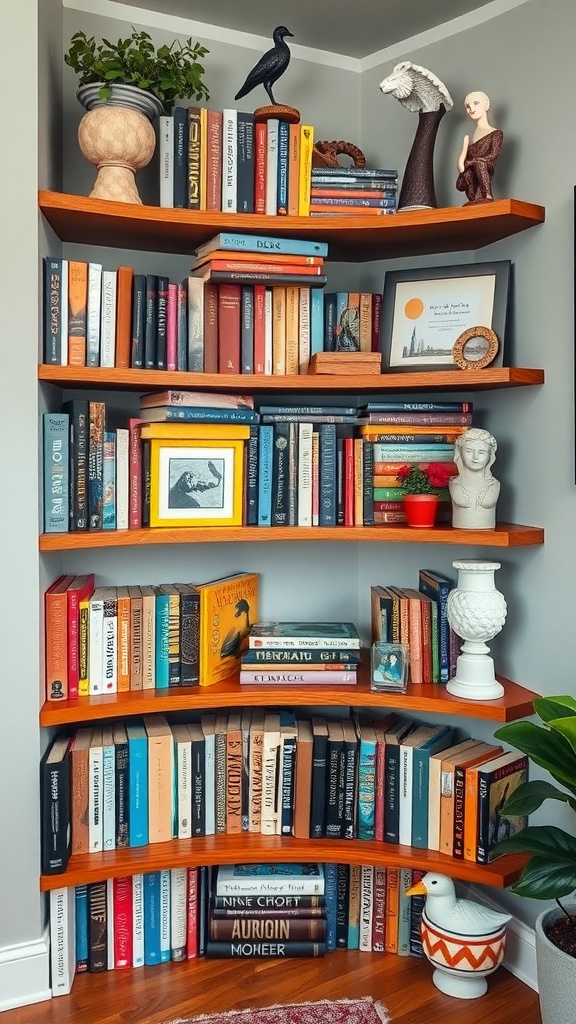 A creatively arranged corner bookshelf filled with books and decorative items.