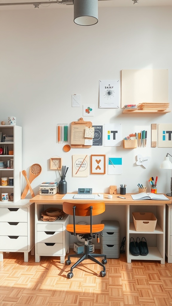 A bright and organized crafting station with a spacious desk, colorful stationery on the wall, and comfortable seating.