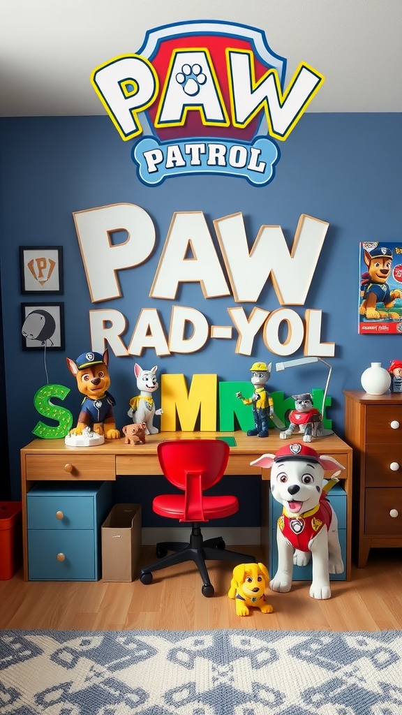 A vibrant Paw Patrol-themed bedroom featuring colorful decor, toys, and furniture.