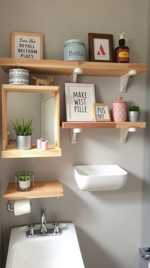 A chic bathroom shelf display featuring wooden shelves, decorative items, and plants.