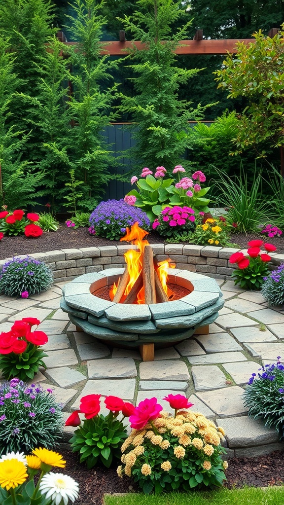 A circular fire pit surrounded by colorful flowers and greenery in a garden.