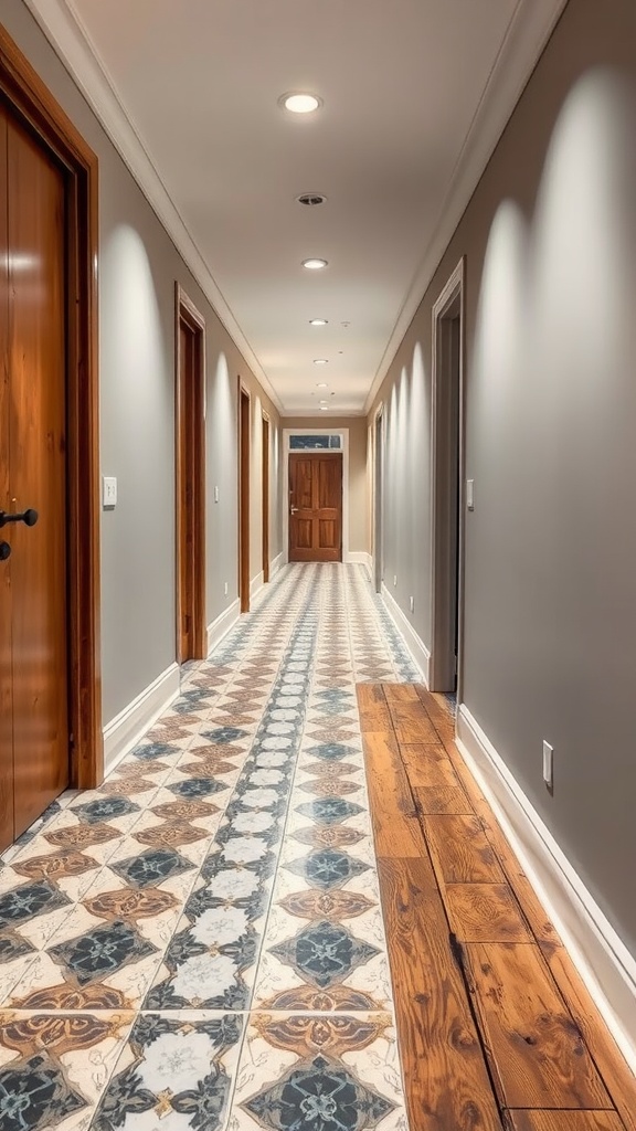 A hallway with patterned tiles and wooden flooring, showcasing unique design elements.