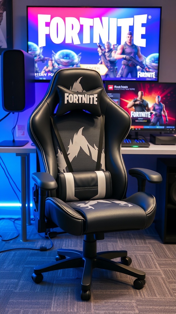 A Fortnite-themed gaming chair in front of a colorful Fortnite screen, showcasing a cool gaming setup.
