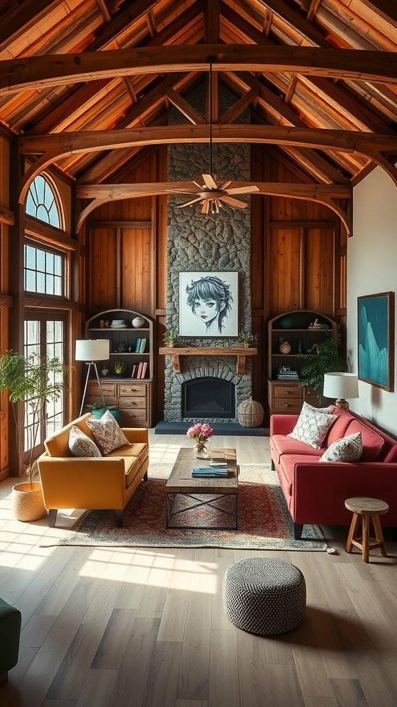Cozy barndominium living room with yellow and red sofas, stone fireplace, and wooden beams
