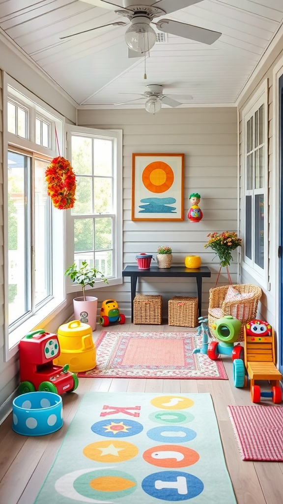 Colorful kid's play area in a three-season porch with toys and playful decor.