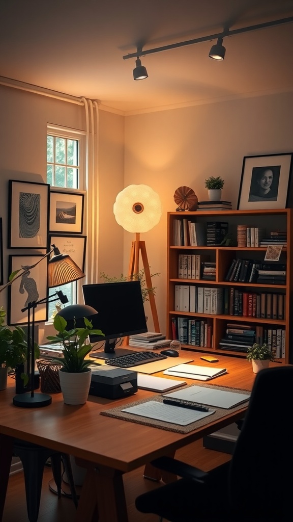 A well-lit home office featuring a mix of track lighting and a stylish floor lamp, with a desk and bookshelves.