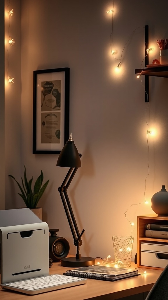 A home office setup with a desk, a desk lamp, string lights on the wall, and a plant.