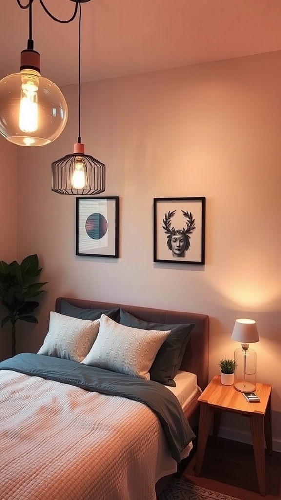 A cozy small guest bedroom featuring creative lighting solutions, including pendant lights and a bedside lamp.