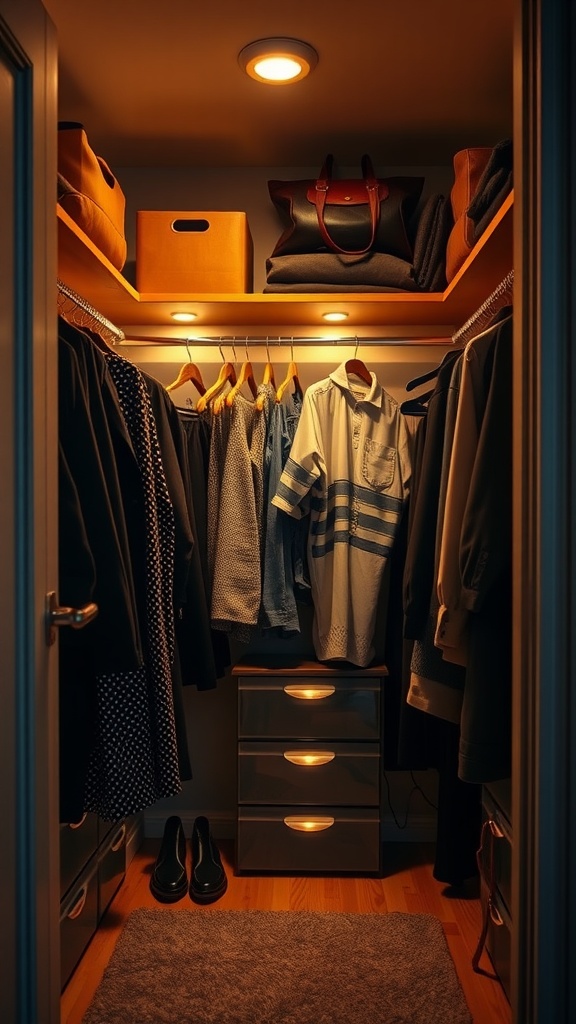 A small walk-in closet with warm lighting illuminating clothing, bags, and storage boxes.