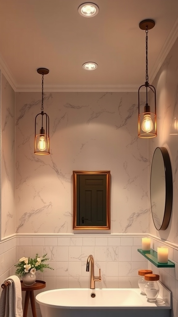 A beautifully lit bathroom featuring pendant lights, recessed lighting, and candles.