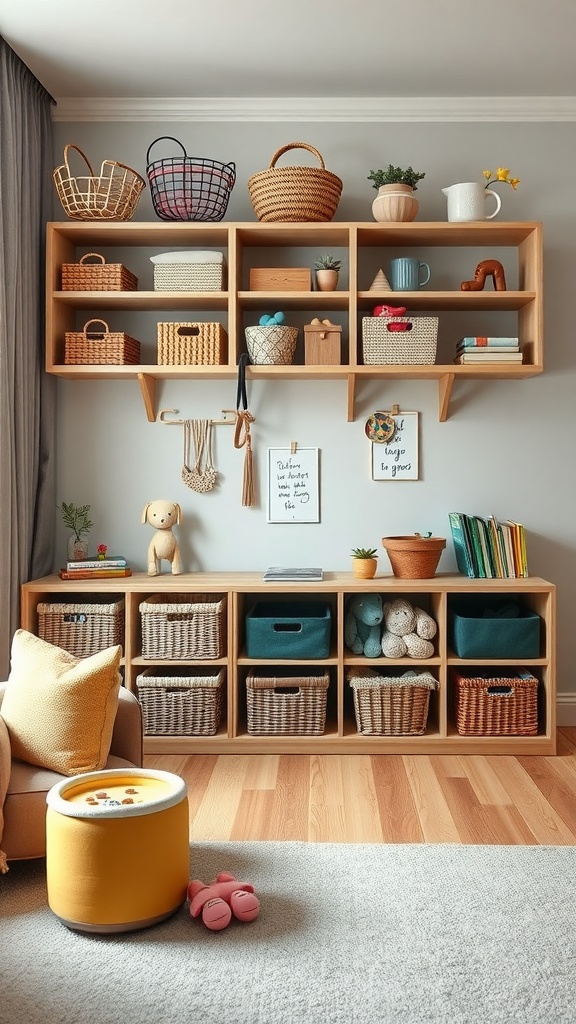 A living room with organized toy storage featuring woven baskets and colorful containers on shelves.