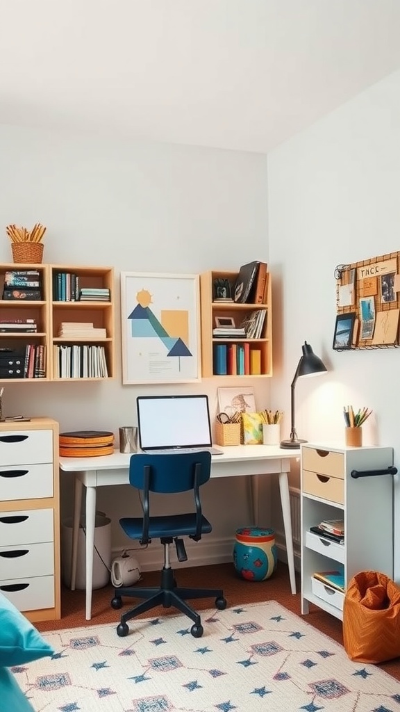 A well-organized study space in a teen boy's bedroom with a desk, chair, shelves, and storage.