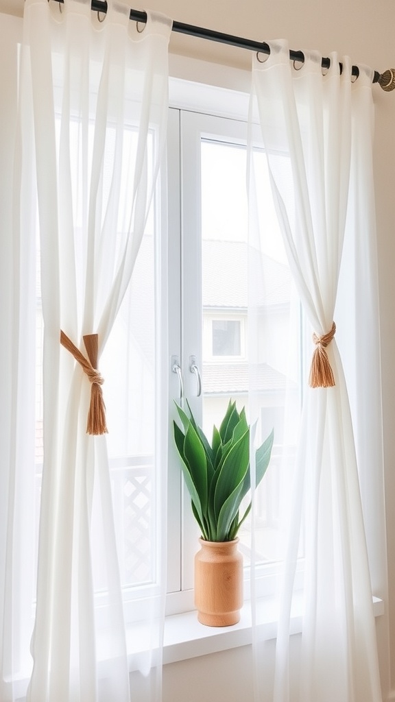 Light sheer curtains tied back with tassel tiebacks, revealing a potted plant on a windowsill.