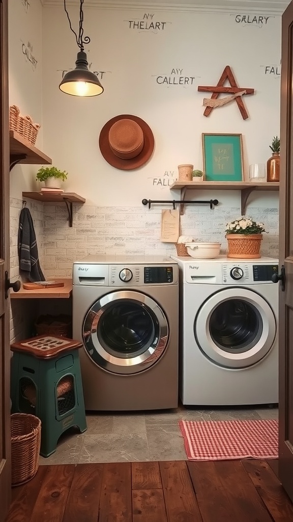 A rustic laundry room featuring light walls, wooden shelves, and colorful decor elements.