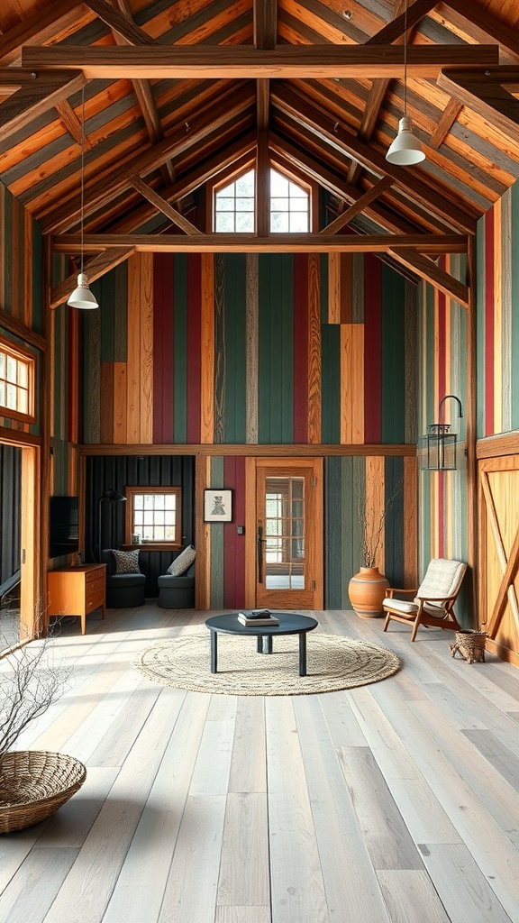 Interior of a modern barn house featuring colorful striped walls, wooden beams, and a cozy seating area.