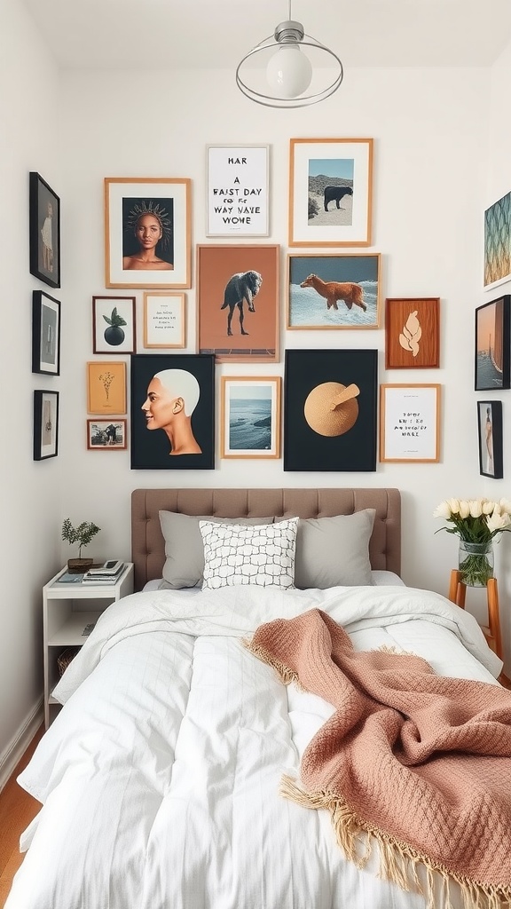 A small bedroom with a gallery wall displaying various framed artworks above a bed.