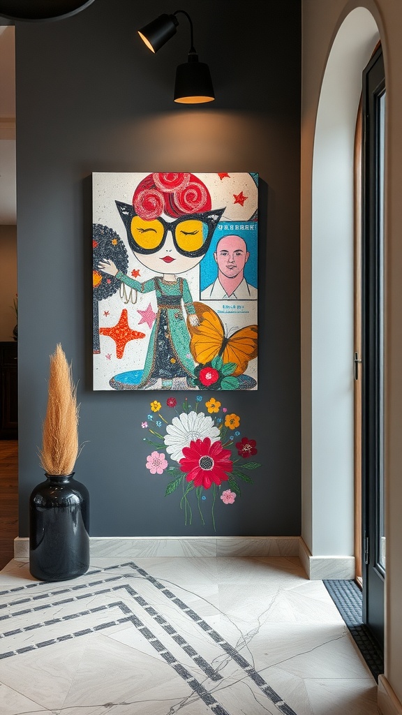 A colorful wall art installation featuring a whimsical character with oversized glasses and floral accents, set against a dark wall in a stylish entrance.
