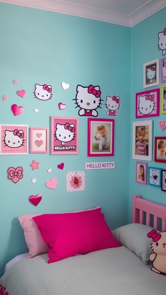 A colorful bedroom wall decorated with Hello Kitty stickers and framed photos, featuring pink accents and a cozy bed.