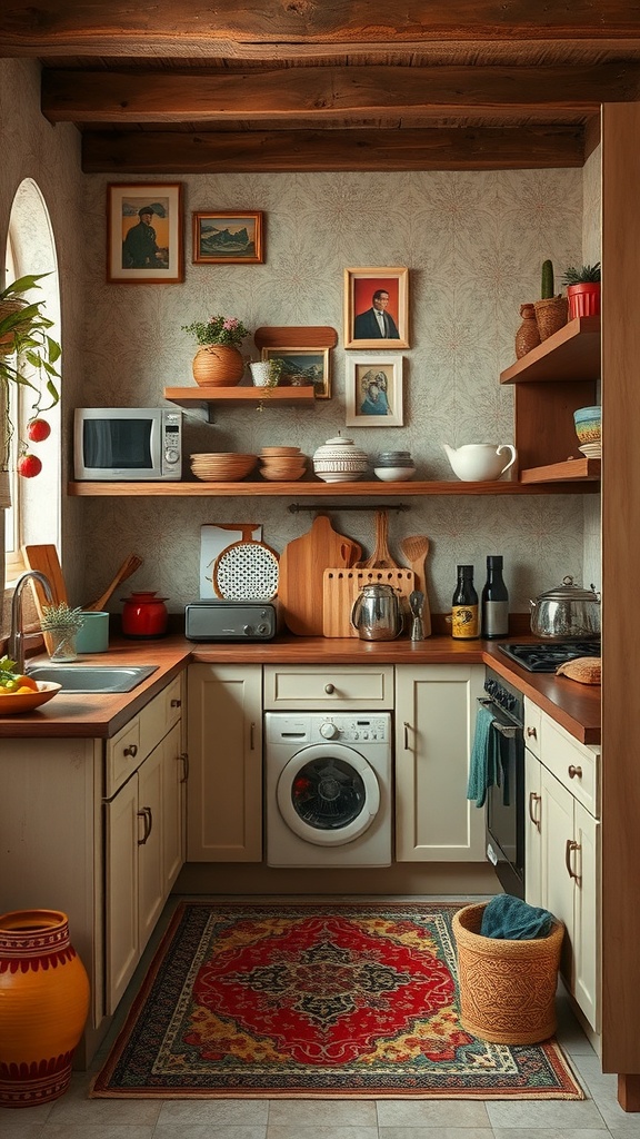 A cozy kitchen featuring wooden beams, decorative shelves, and a vibrant rug.