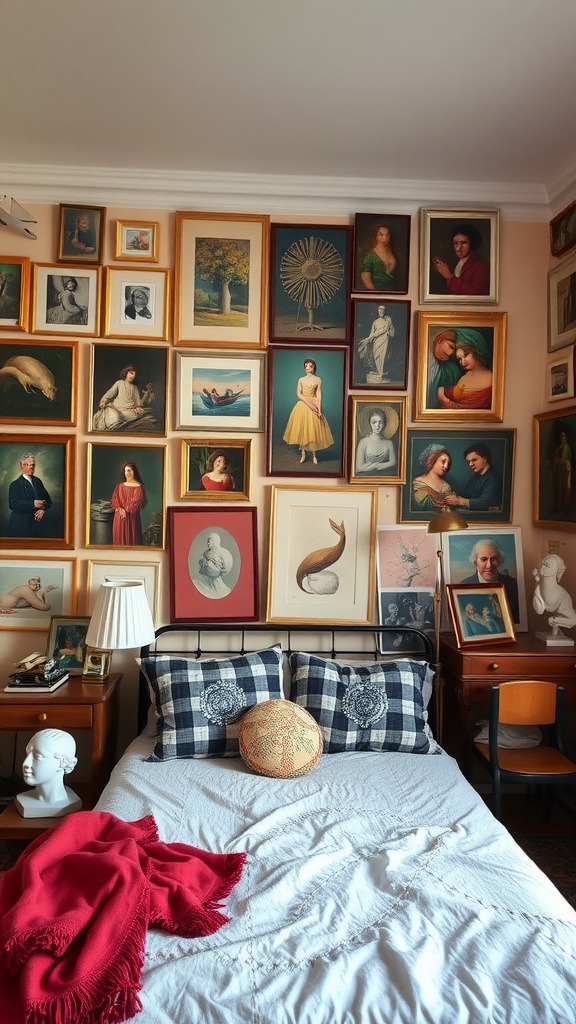 Eclectic bedroom wall featuring an array of framed artworks and a cozy bed with decorative pillows.