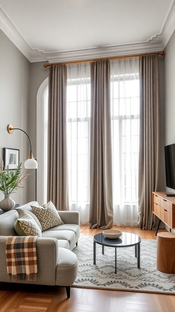 A cozy living room featuring soft curtains on a wooden rod, a comfortable sofa, and a stylish coffee table.
