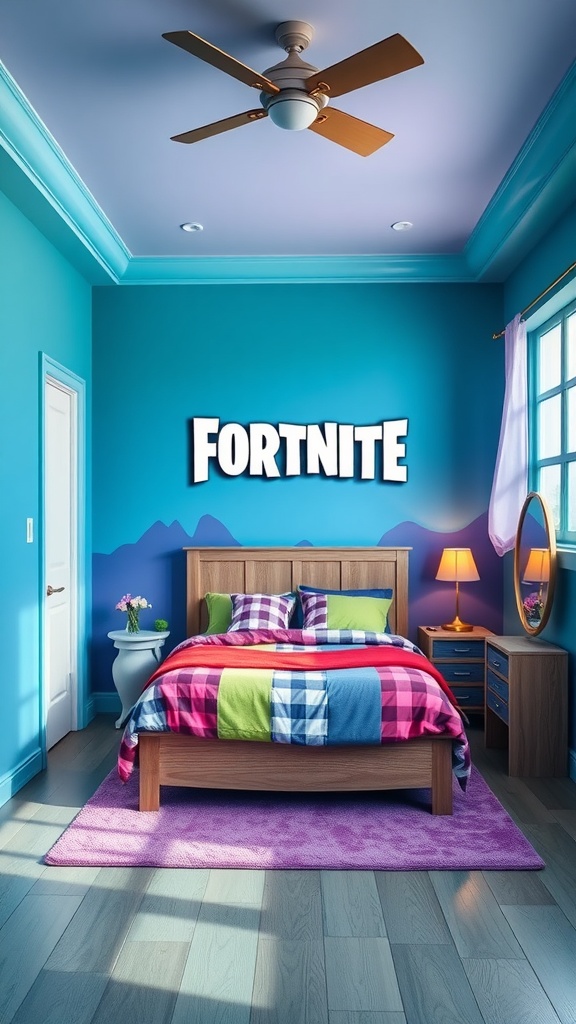 A colorful Fortnite-themed bedroom with blue walls, plaid bedding, and a large Fortnite logo.
