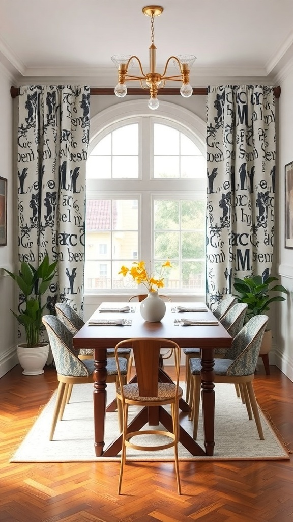 A dining room featuring custom printed fabric curtains with a playful design, a wooden dining table, and stylish chairs.