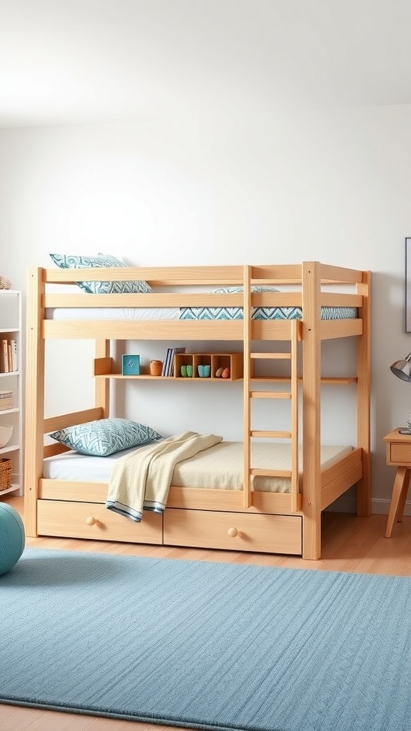 A wooden bunk bed with a top bunk and a cozy bottom space, featuring storage drawers underneath.