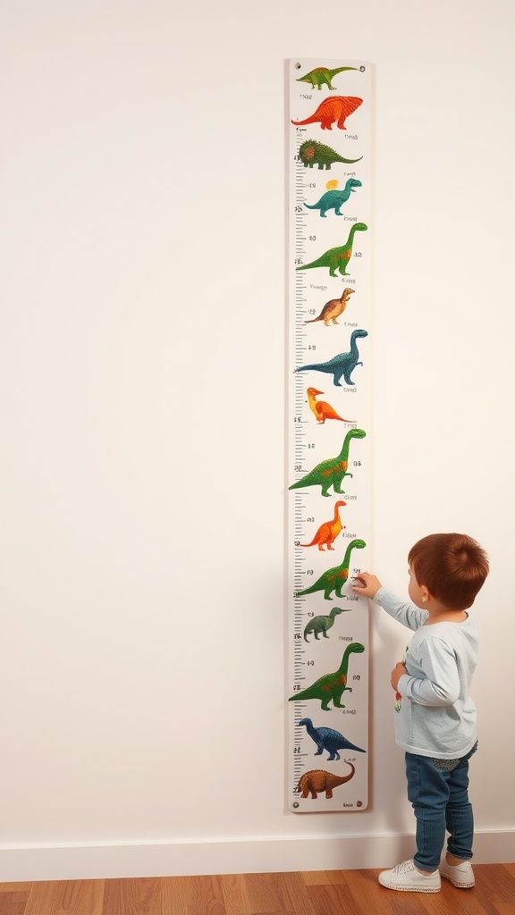 A customizable dinosaur growth chart with colorful dinosaur illustrations, showing height measurements, as a child measures their height next to it.