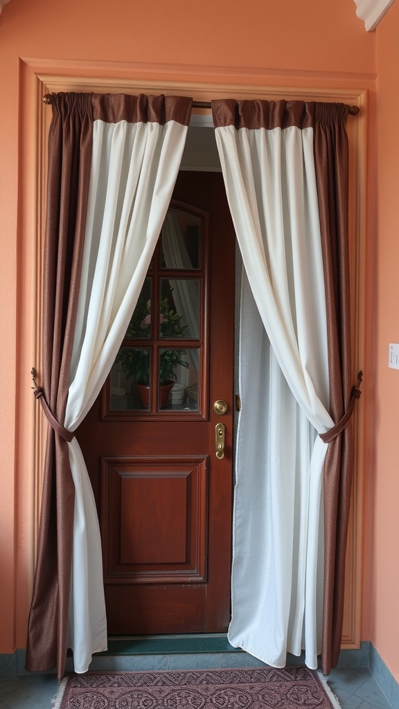 Customized curtains in brown and white framing a wooden door