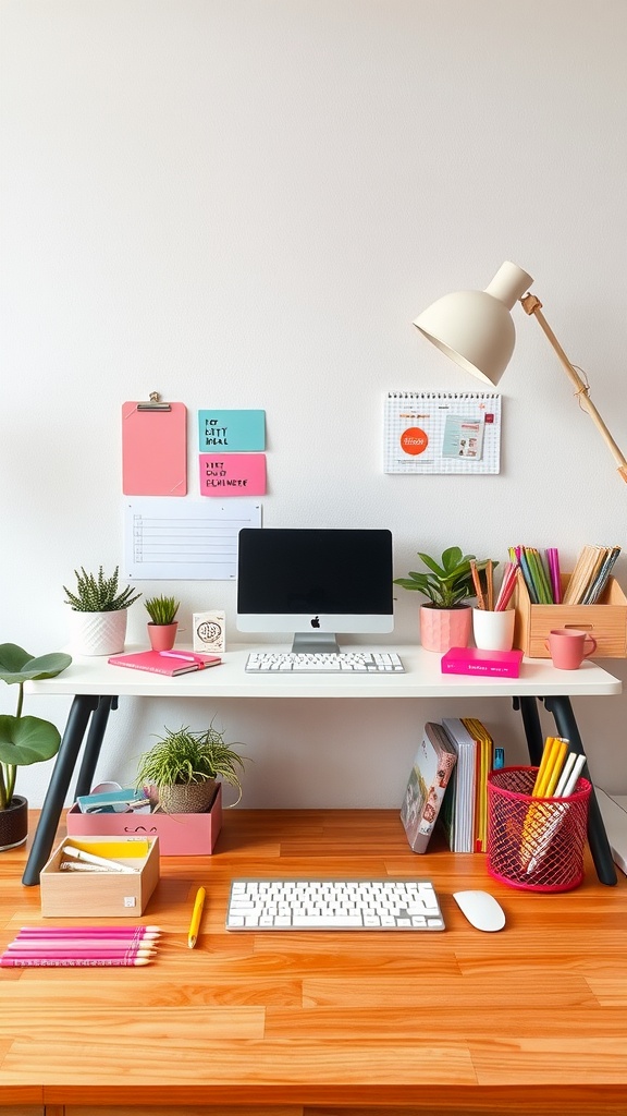 A cute and organized desk space featuring pastel colors, plants, and stationery.