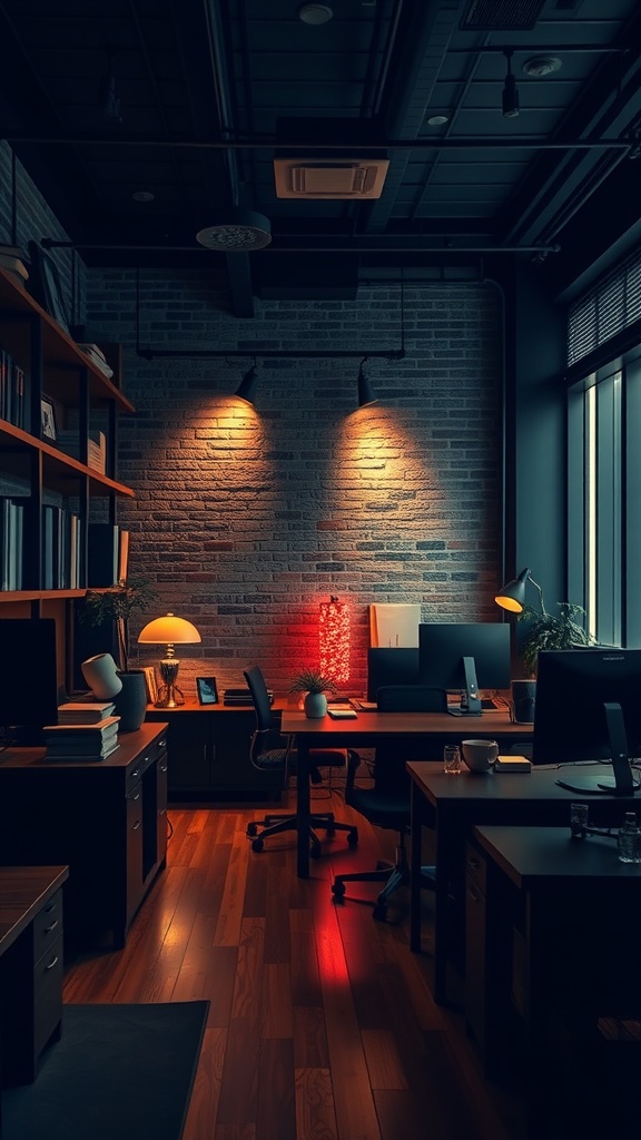 A cozy office with dark color palettes, featuring wooden floors, dark furniture, and warm lighting.