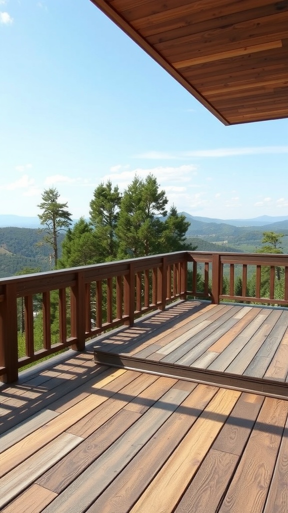 A wooden deck on an elevated space overlooking a scenic view of hills and trees.