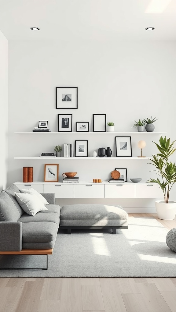 A minimalist living room featuring a gray sofa, clean lines, and organized decor.
