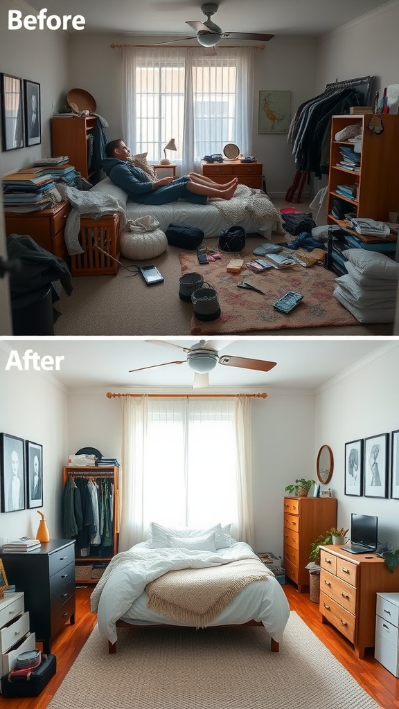 Before and after transformation of a bedroom showing clutter and organization