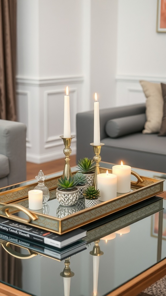 A decorative mirror tray with candles and plants on a coffee table