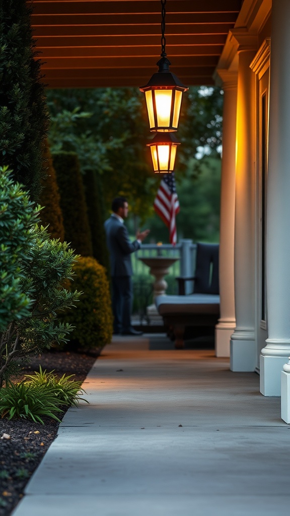 Two decorative post lights illuminating a pathway with a person in the background.