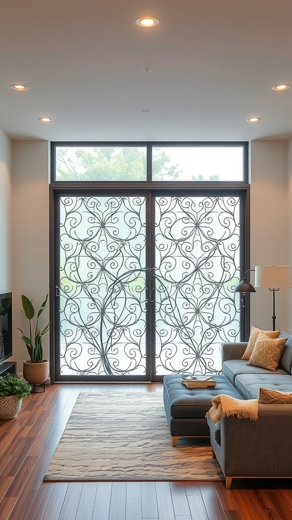 A living room featuring decorative sliding door screens with intricate designs, allowing light to filter through while maintaining privacy.
