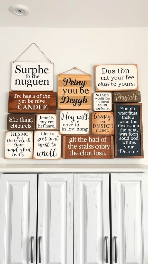 A collection of decorative wooden signs with quotes displayed above kitchen cabinets.