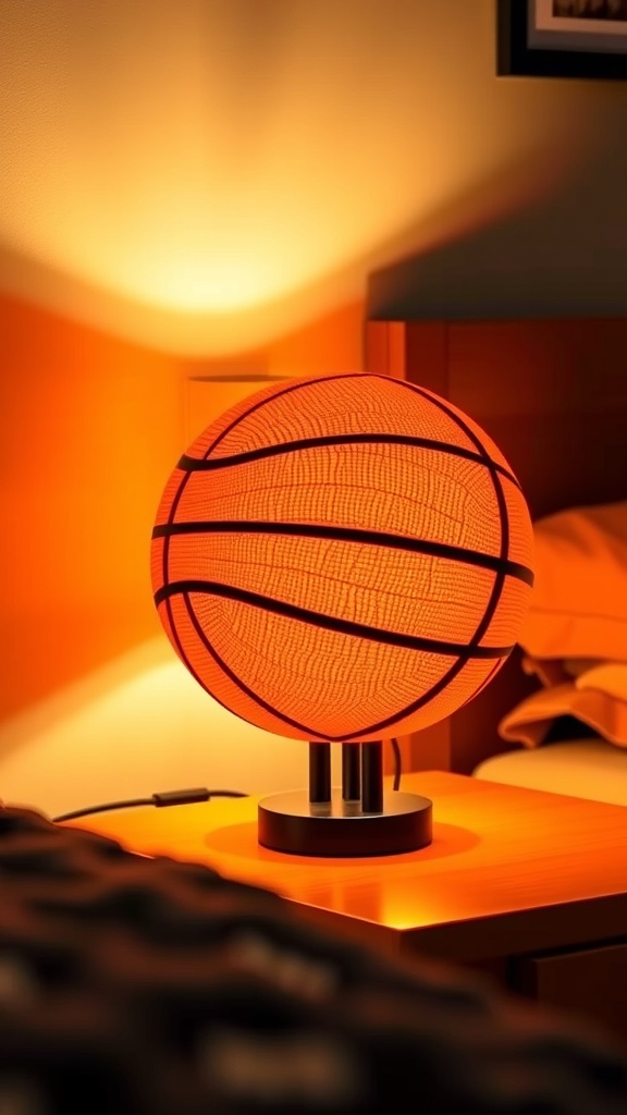 A basketball-shaped lamp glowing softly on a bed, surrounded by sports-themed bedding and a standard bedside lamp.
