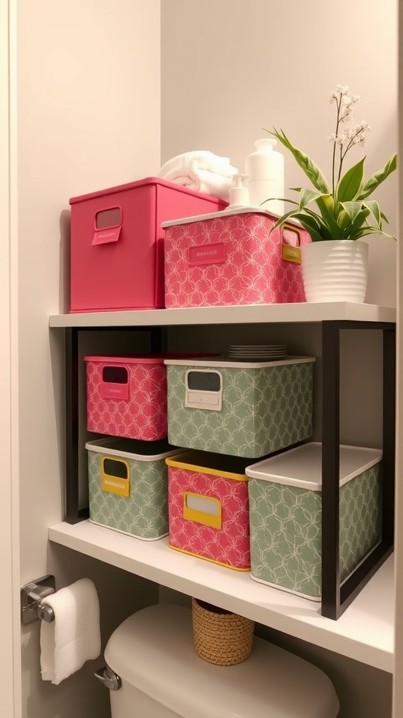 Colorful decorative storage bins organized on a shelf in a small bathroom