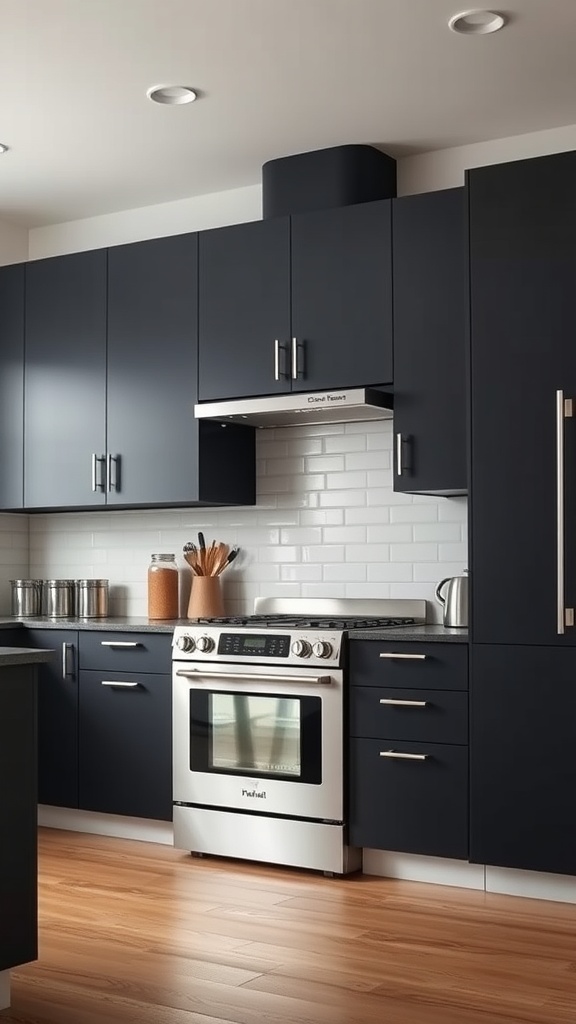 Modern kitchen with deep charcoal cabinets and white subway tiles
