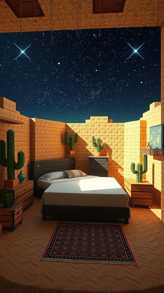 A cozy Minecraft bedroom designed as a desert oasis with a starry sky, sand-colored walls, and cacti.