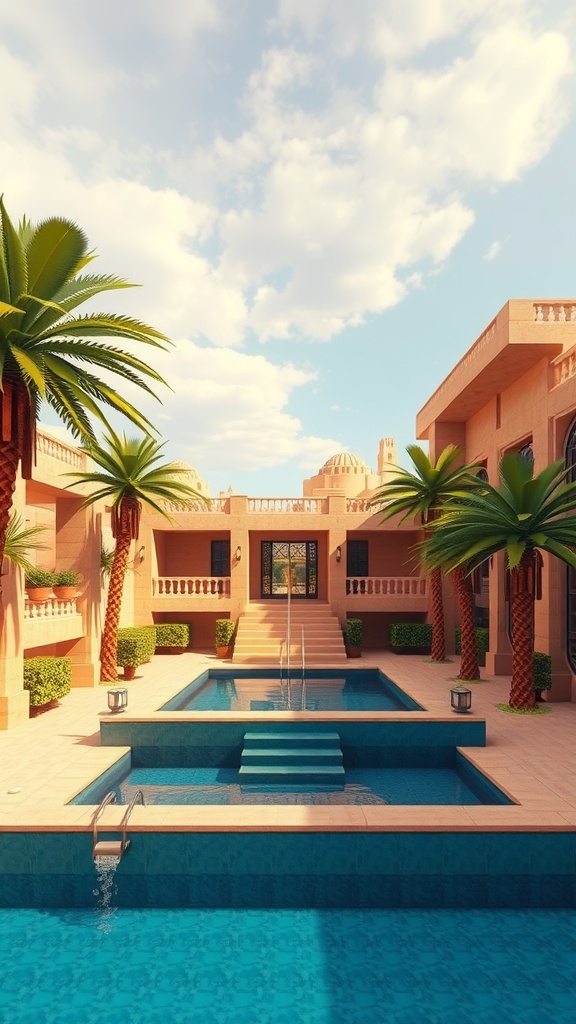 A beautiful Desert Oasis Villa with a pool, palm trees, and elegant architecture.