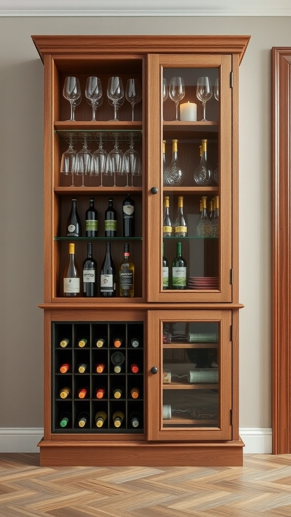 A wooden corner cabinet with wine bottles and glasses, showcasing a stylish wine storage solution.