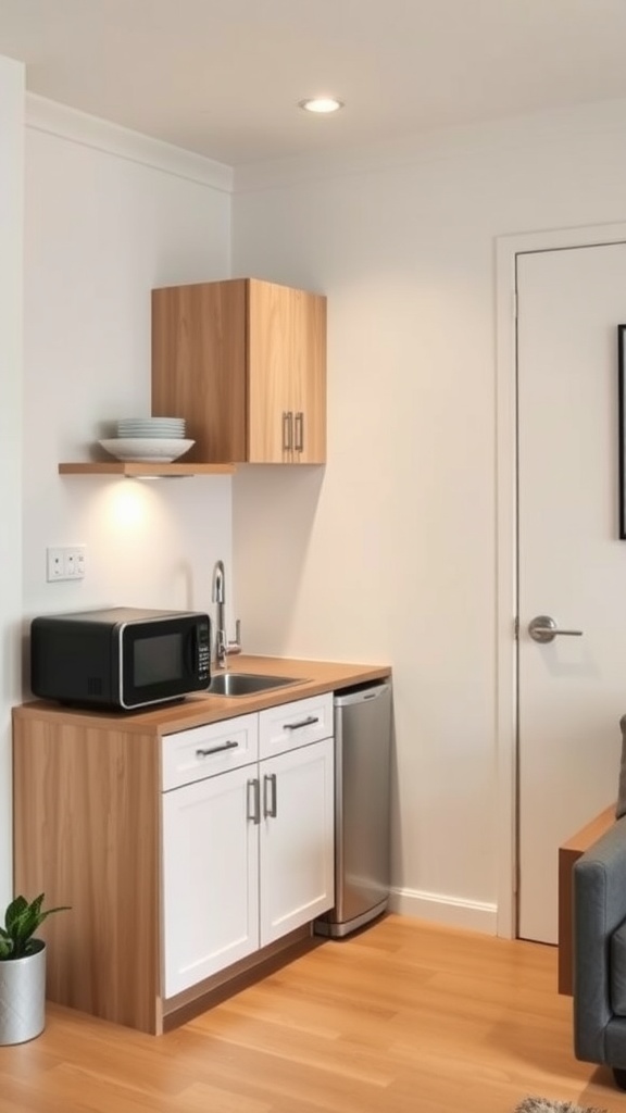A compact kitchenette in a studio apartment featuring light wood cabinetry, a microwave, small fridge, and a sink.